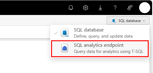 Skærmbillede fra Fabric-portalen for rullelistevælgeren for SQL-databasen eller SQL Analytics-slutpunktet.