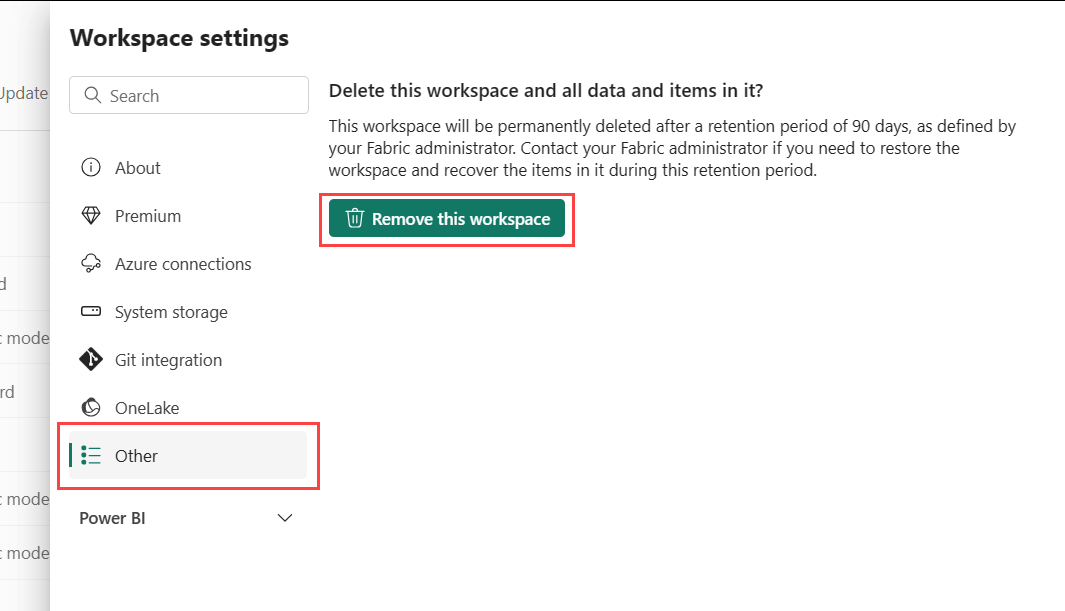 Skærmbillede, der viser dialogen for fjernelse af et arbejdsområde.
