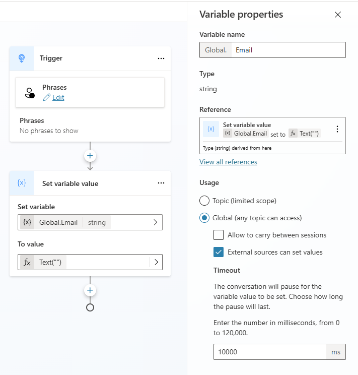 Skærmbillede af konfigurationen af en global variabel, der skal angives fra en ekstern kilde.