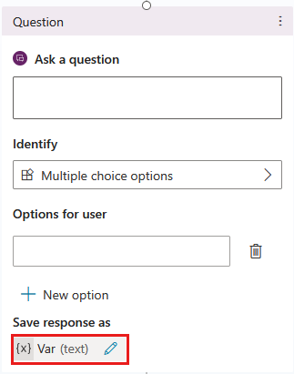 Skærmbillede af en node af typen Spørgsmål, hvor den automatisk oprettede variabel er fremhævet.