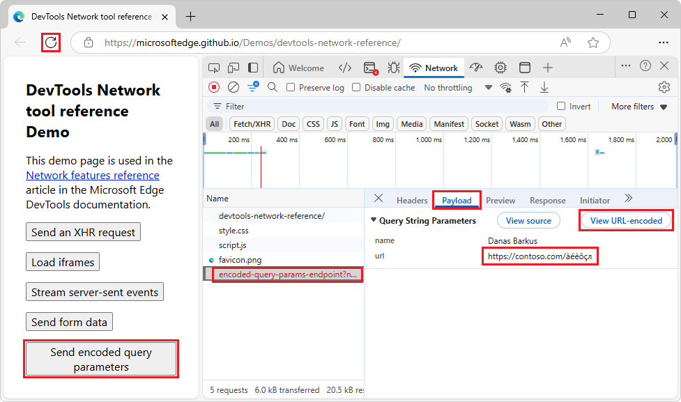 Query string parameters shown with decoded characters