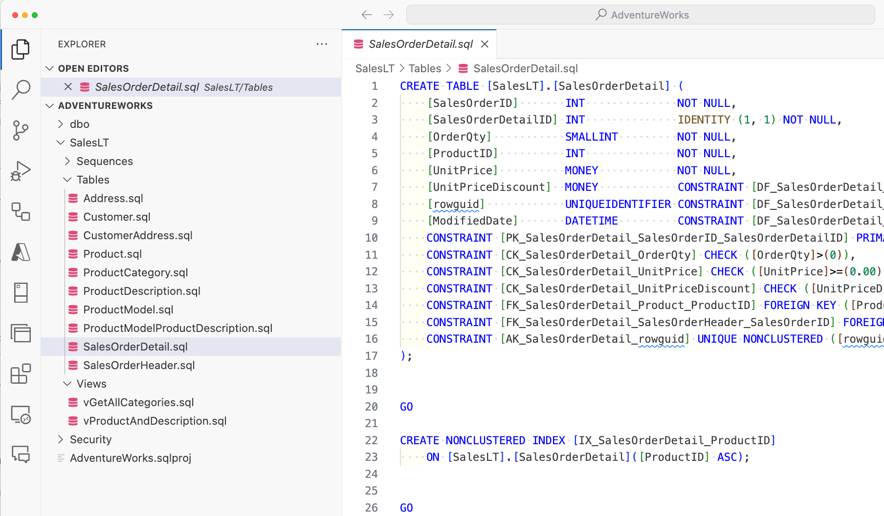 Screenshot of VS Code with AdventureWorks SQL project open, displaying a table in the editor.