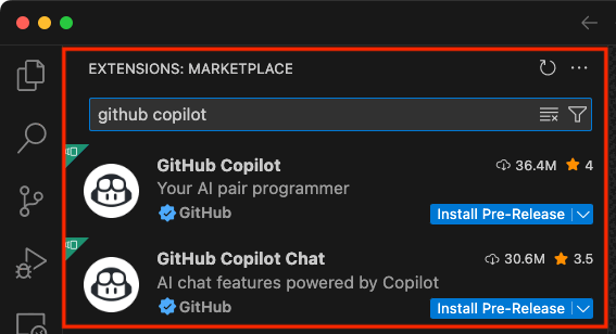 Screenshot of the GitHub Copilot extension in Visual Studio Code.