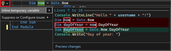 Screenshot showing the Inline temporary variable suggestion in Visual Studio 2022.