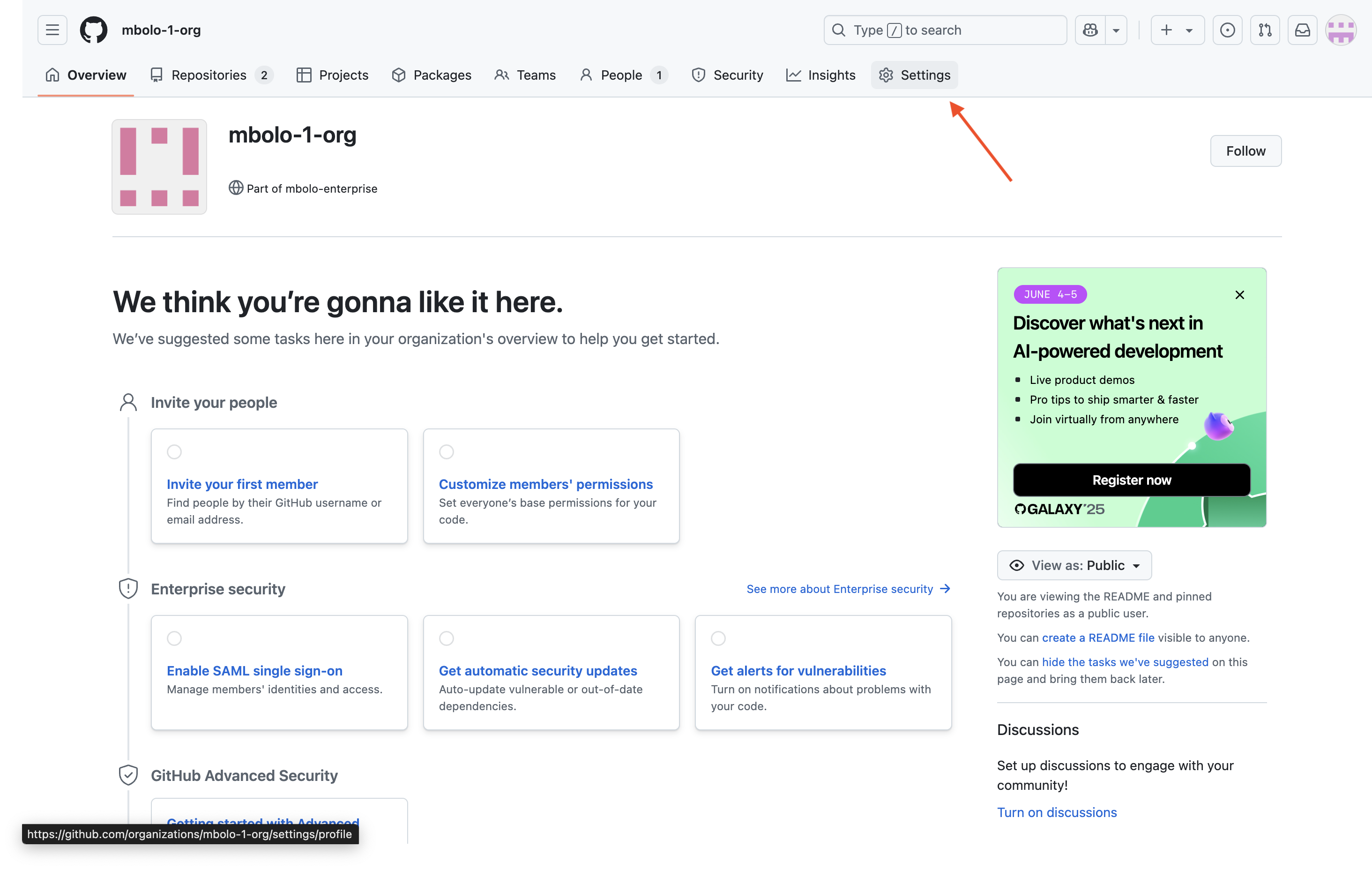 Screenshot: GitHub organization Übersichtsseite mit hervorgehobener Schaltfläche 