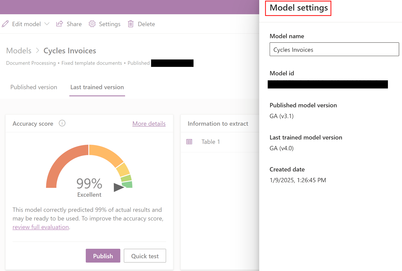 Screenshot des Bereichs „Modelleinstellungen“ zum Abrufen der zuletzt veröffentlichten Modellversion GA und der zuletzt trainierten Modellversion GA.