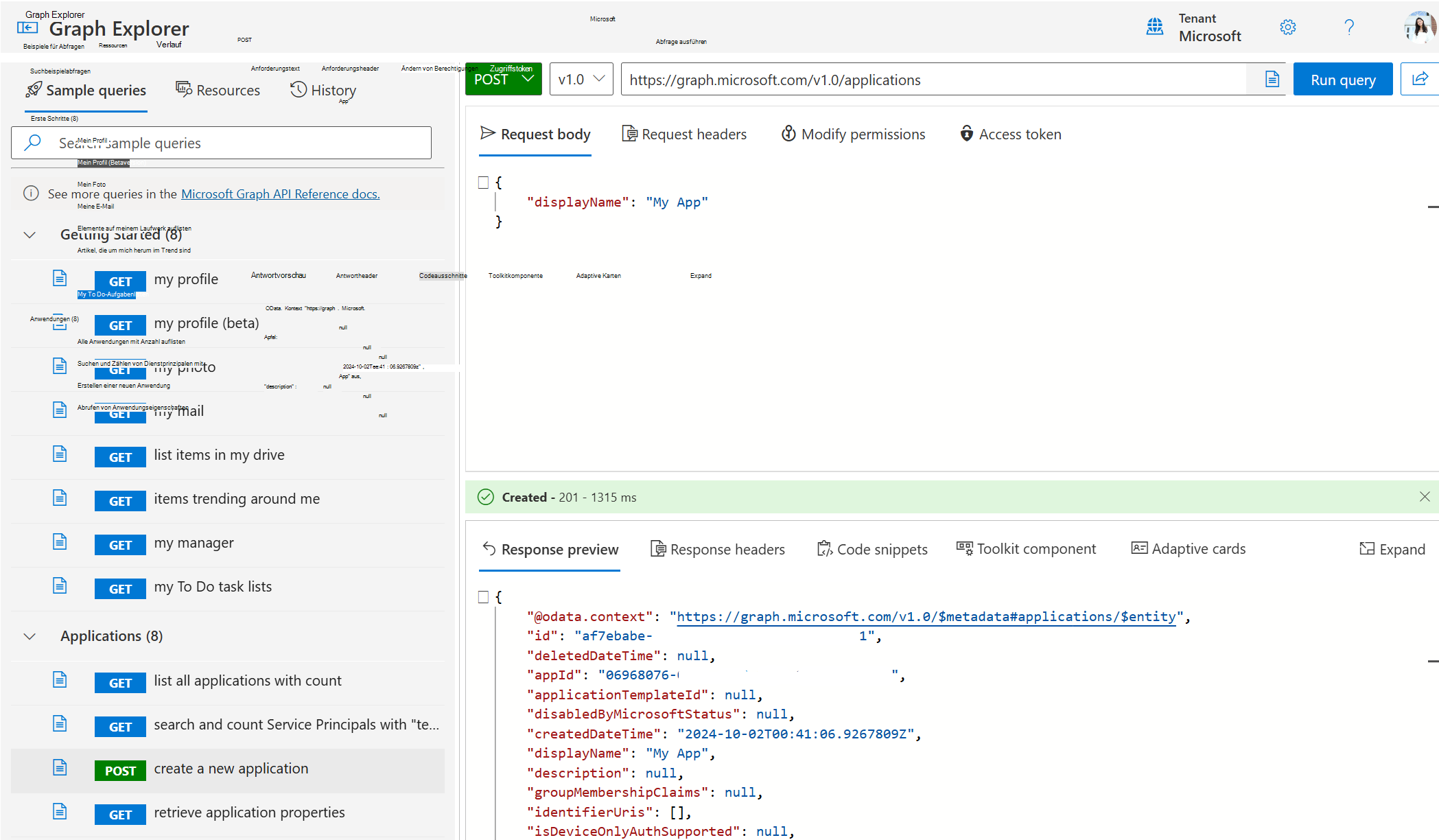 Screenshot: Graph Explorer Ausführen einer POST-Abfrage zum Erstellen einer neuen Anwendung