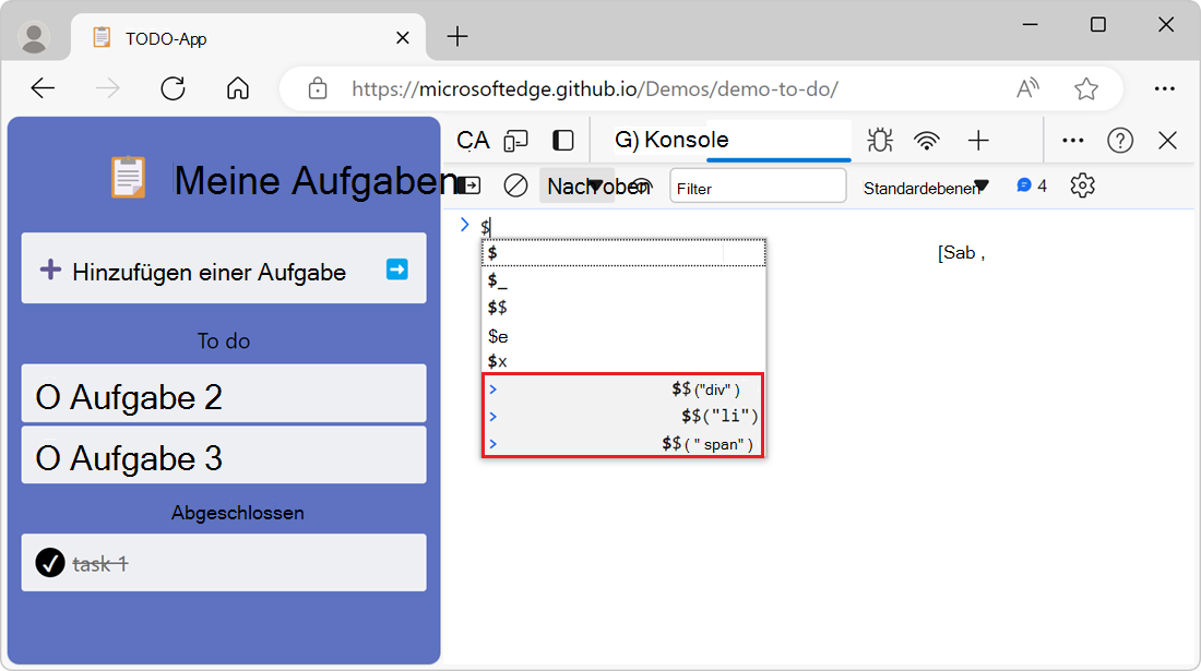Das AutoVervollständigen-Popupfenster zeigt Ausdrücke aus dem Verlauf an.