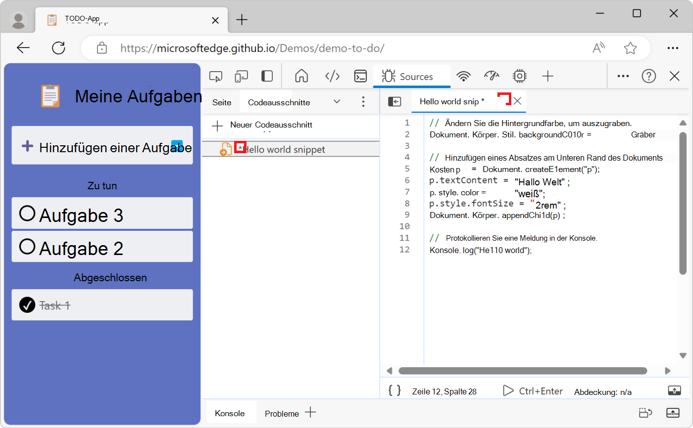 Ein Sternchen neben dem Codeausschnittnamen gibt nicht gespeicherten Code an.