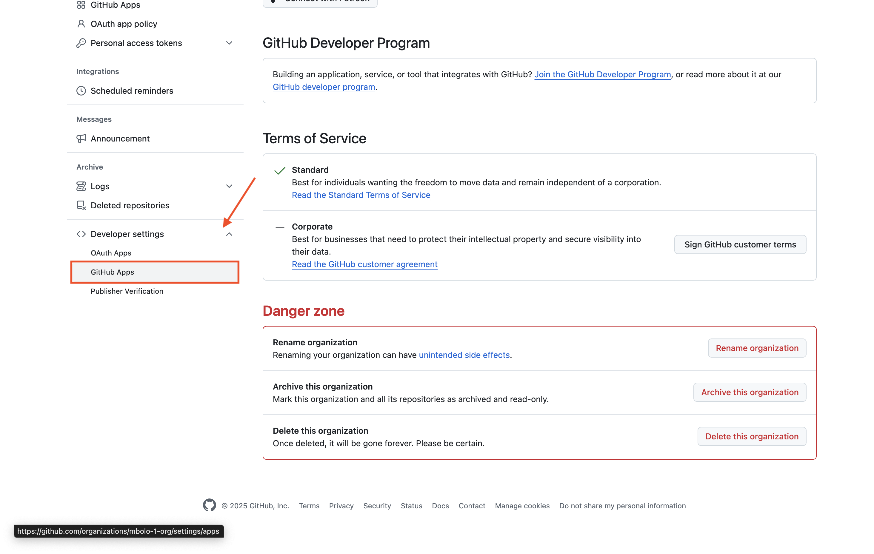 Screenshot der Randleiste für GitHub-organization-Einstellungen mit der Option 