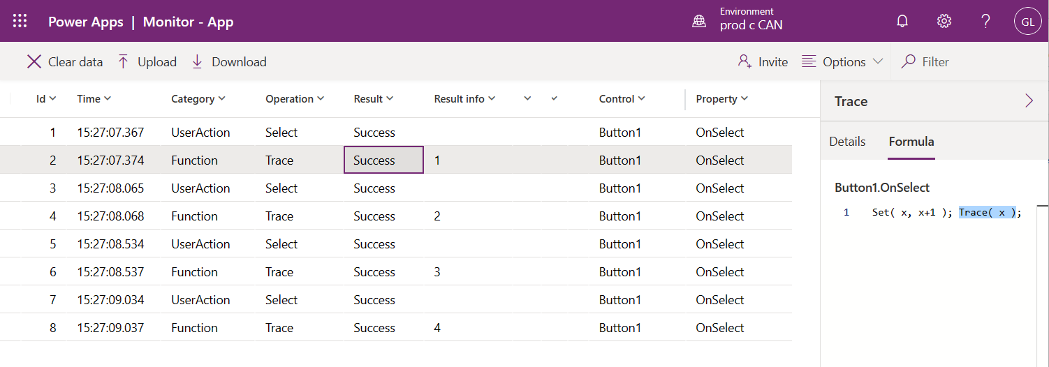 Live monitor trace showing button being pressed four times and corresponding increments of a variable
