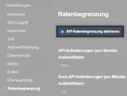 Screenshot der Verwaltungskonsole, die die API-Ratenbegrenzungen einstellt.