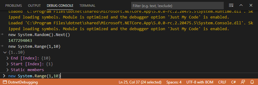 Screenshot der Visual Studio Code-Debugkonsole.