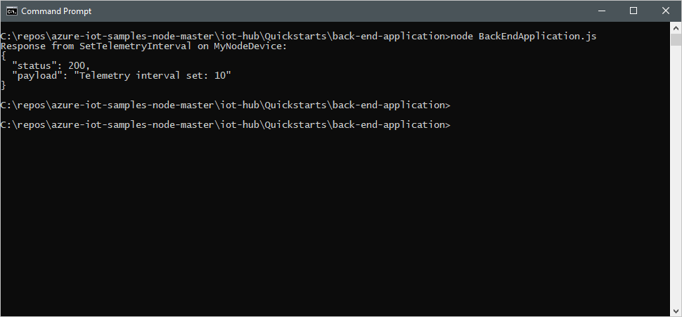 Screenshot of a terminal window that shows the result of the direct method call from the service application.