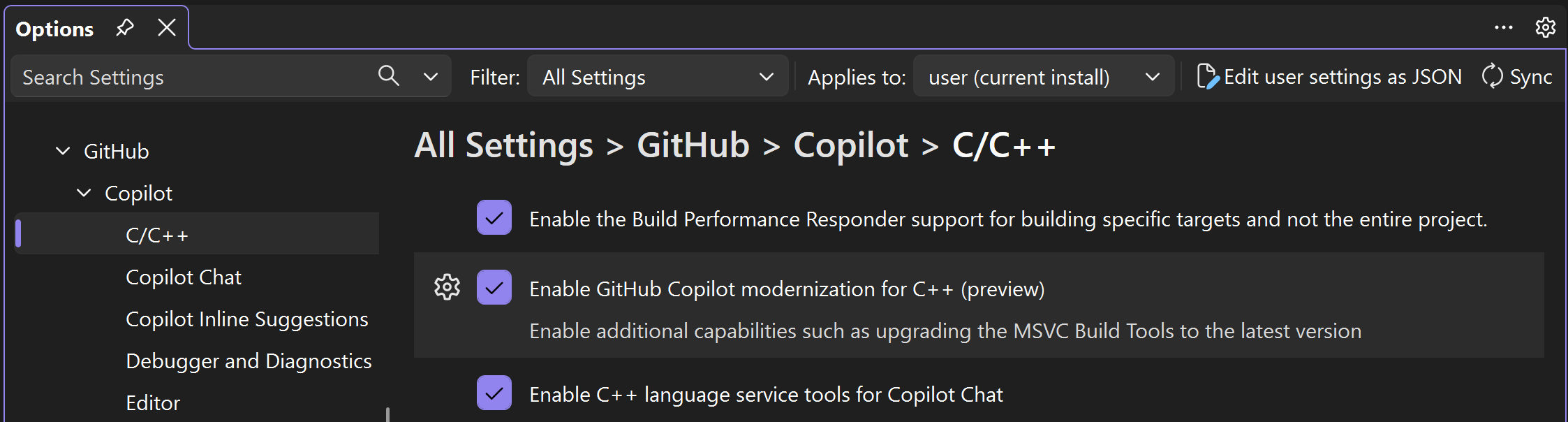 Screenshot of Visual Studio Options dialog. GitHub > Copilot > C/C++ settings are visible. The app modernization for C++ checkbox is enabled.