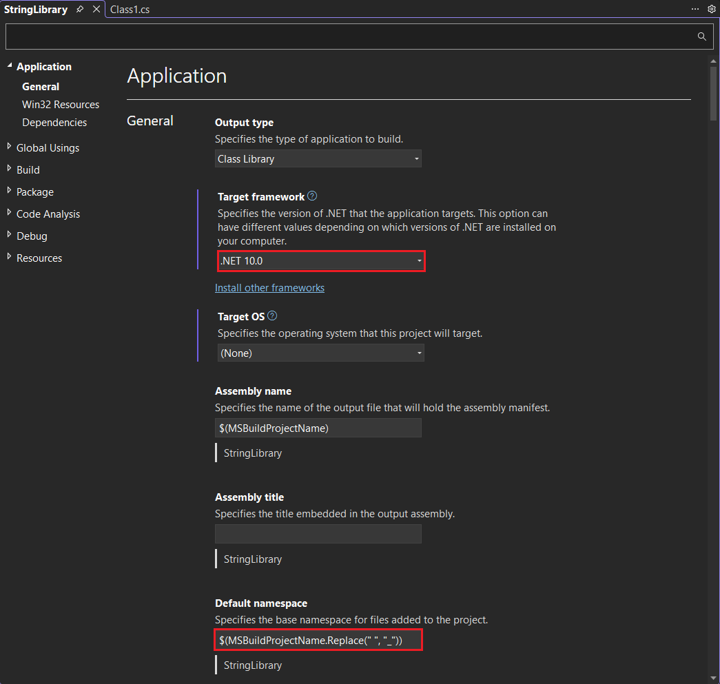 Project properties for the class library