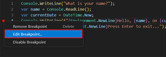 Breakpoint context menu