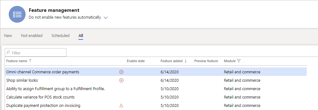 Screenshot of the Omnichannel Commerce order payments feature in the Feature management workspace.