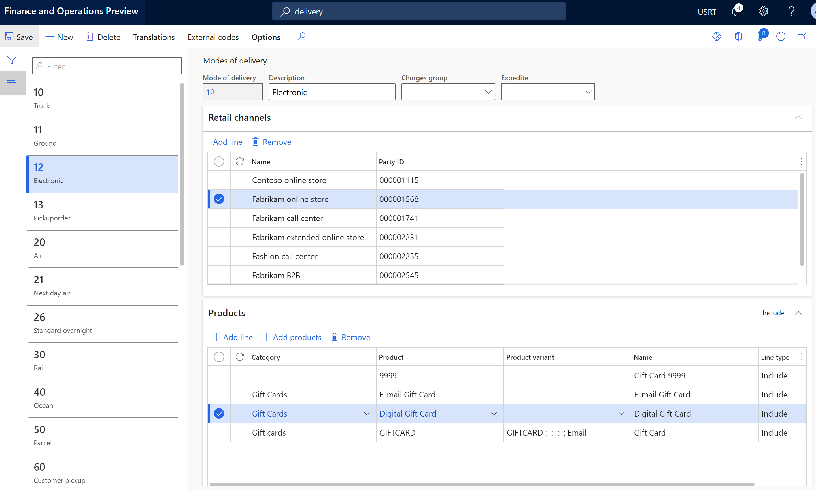 Screenshot of digital gift card products on the Mode of delivery page in Commerce headquarters.