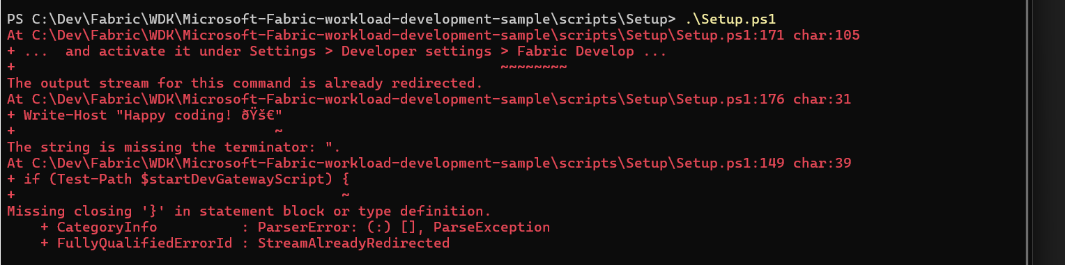 Screenshot of PowerShell setup error.