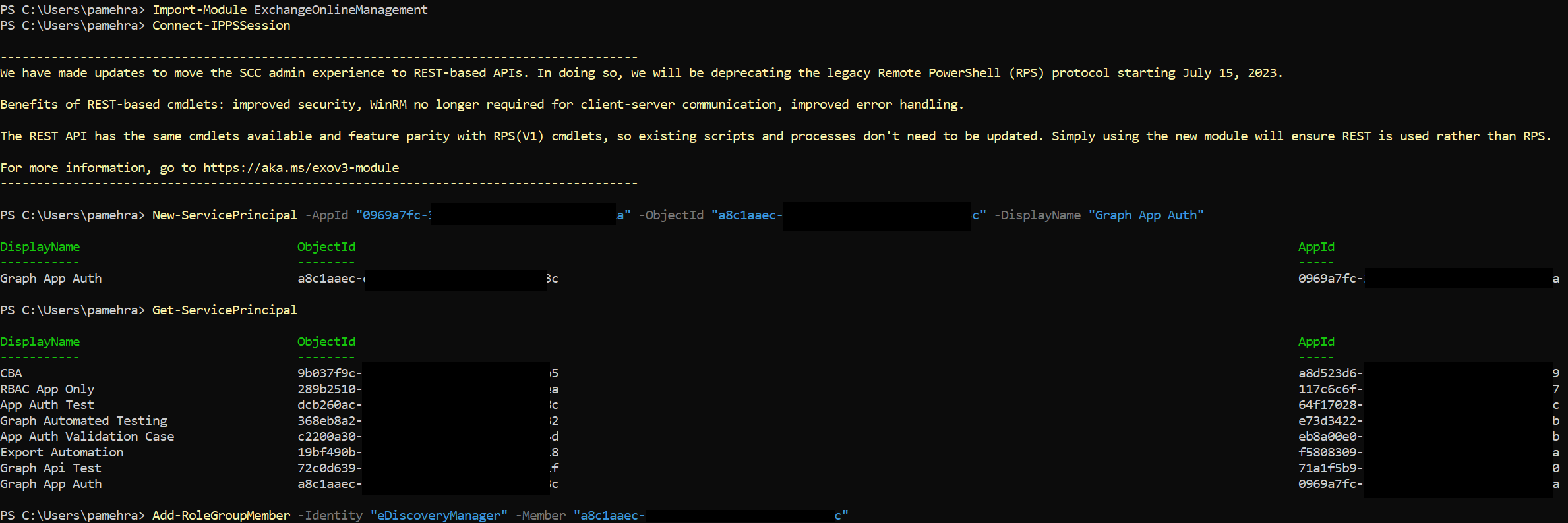 Screenshot of the exchange online shell.