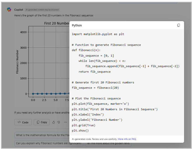Screenshot of the Python code for graphing the first 20 numbers of a Fibonacci sequence.