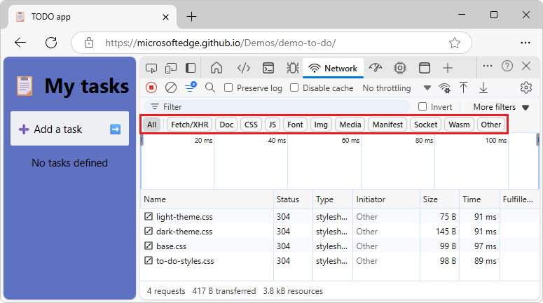 Using the Type filters to display JS, CSS, and Document resources