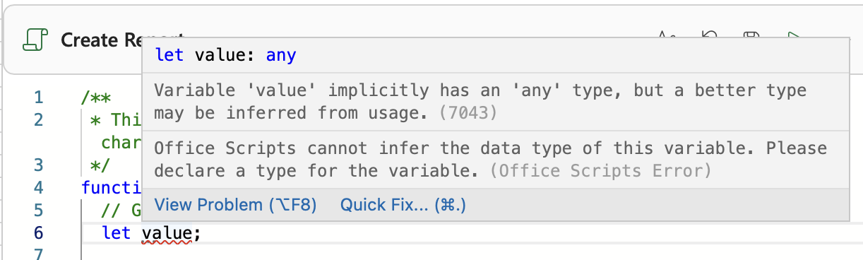 The implicit `any` message in the Code Editor's hover text.