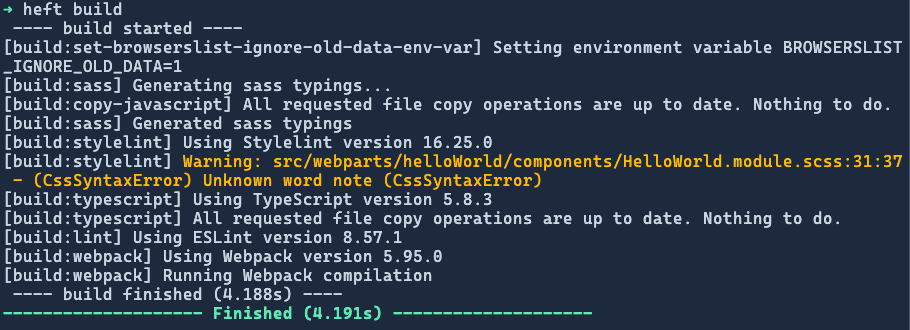 Run the Heft build command displaying the Stylelint warnings