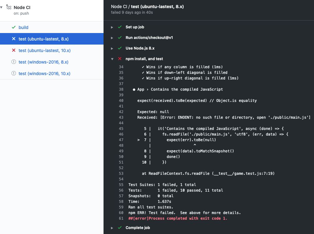 Screenshot of GitHub Actions log with details on a failed test.