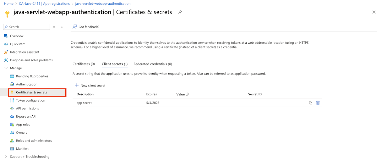 Screenshot highlighting the certificates & secrets blade of an app registered with Microsoft Entra ID on Azure portal