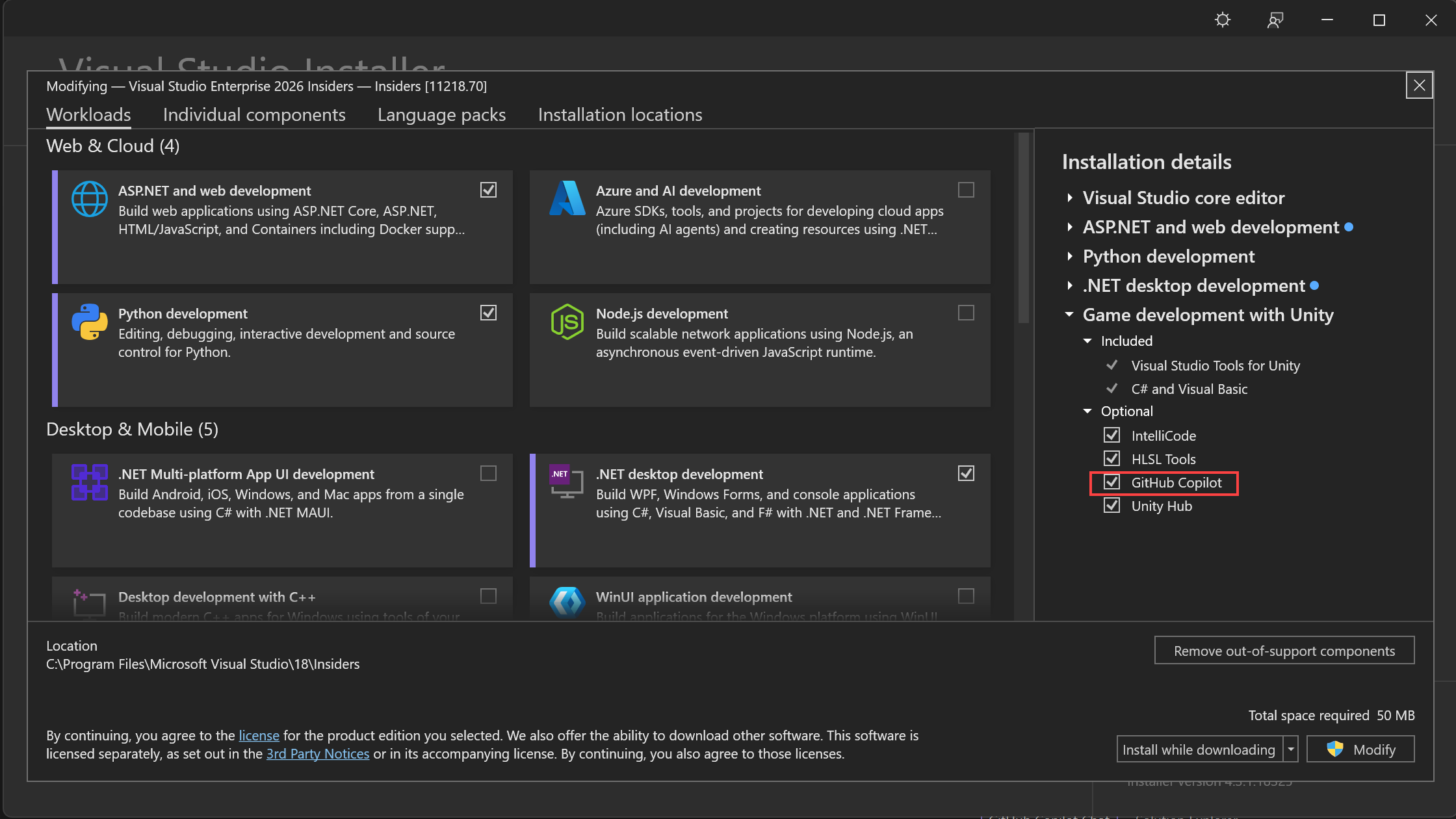 Screenshot that shows how to use the Visual Studio Installer to install the GitHub Copilot component.