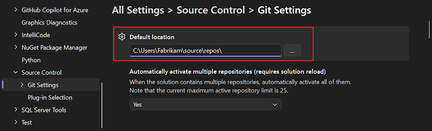 Screenshot of the 'Default location' option in the Options pane.