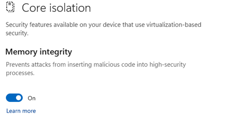Screenshot of the toggle to turn memory integrity on or off.
