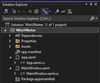 Solution Explorer showing the files for a WinUI 3 project in Visual Studio.