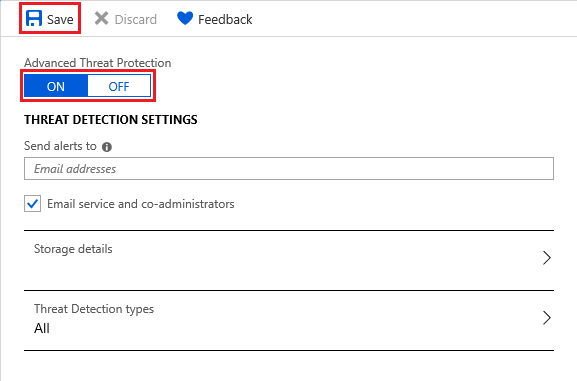 Captura de pantalla del panel de navegación de Azure&nbsp;Portal para la configuración de detección de amenazas.