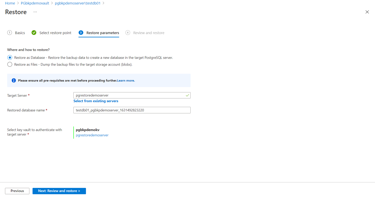 Captura de pantalla que muestra la opción seleccionada para restaurar como base de datos.