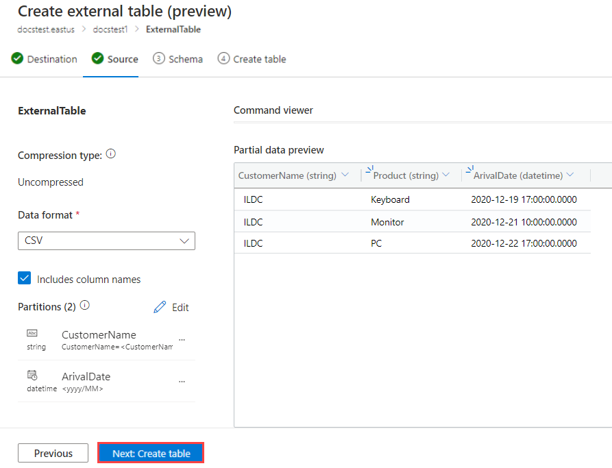 Captura de pantalla de la tabla externa de esquema de Azure&nbsp;Data&nbsp;Explorer.