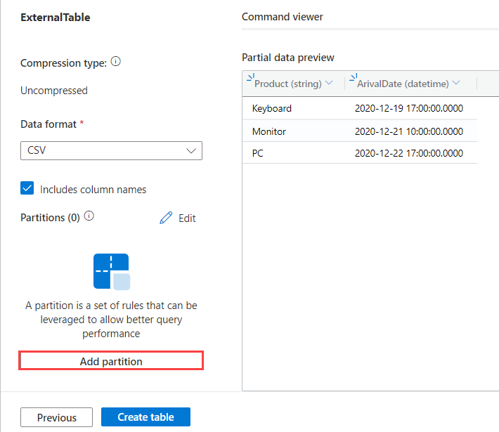 Captura de pantalla del archivo de vista para la tabla externa en Azure Data Explorer.