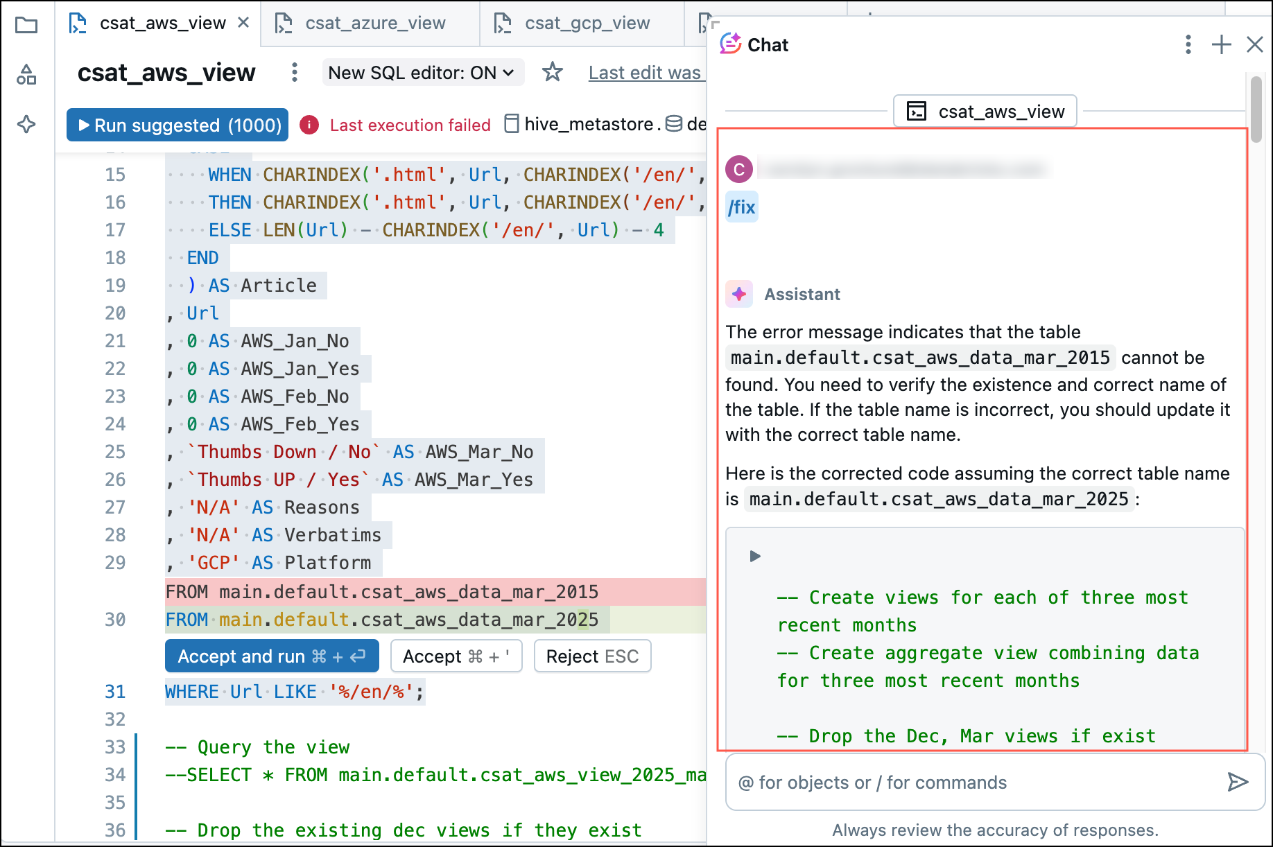 Ejemplo de depuración del asistente en SQL.