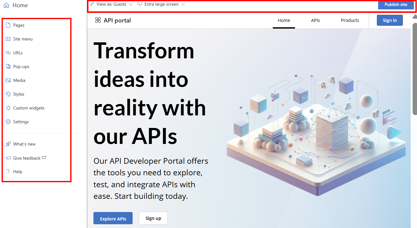 Captura de pantalla del editor visual en el portal para desarrolladores.