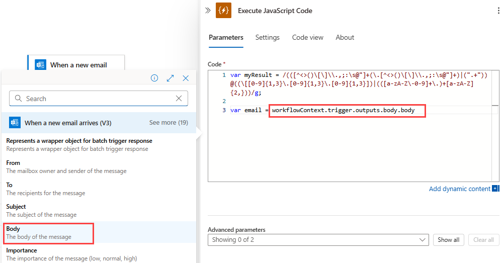 Captura de pantalla que muestra el flujo de trabajo de consumo, la acción Ejecutar código JavaScript, la lista de contenido dinámico y la propiedad 