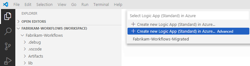 Captura de pantalla que muestra la lista de opciones de implementación y la opción seleccionada para crear un nuevo recurso de aplicación lógica estándar con pasos personalizados.