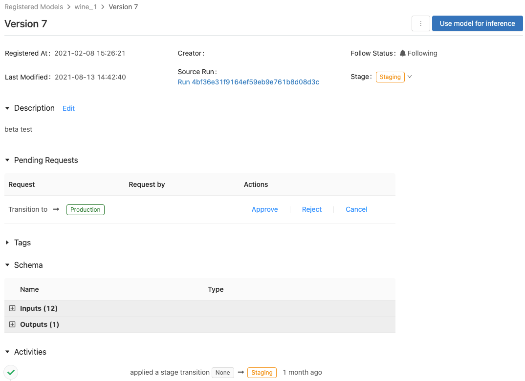 Página de versión del modelo de MLflow 2.x