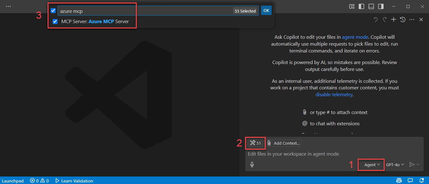 Captura de pantalla que muestra Azure MCP Server como herramienta de GitHub Copilot.