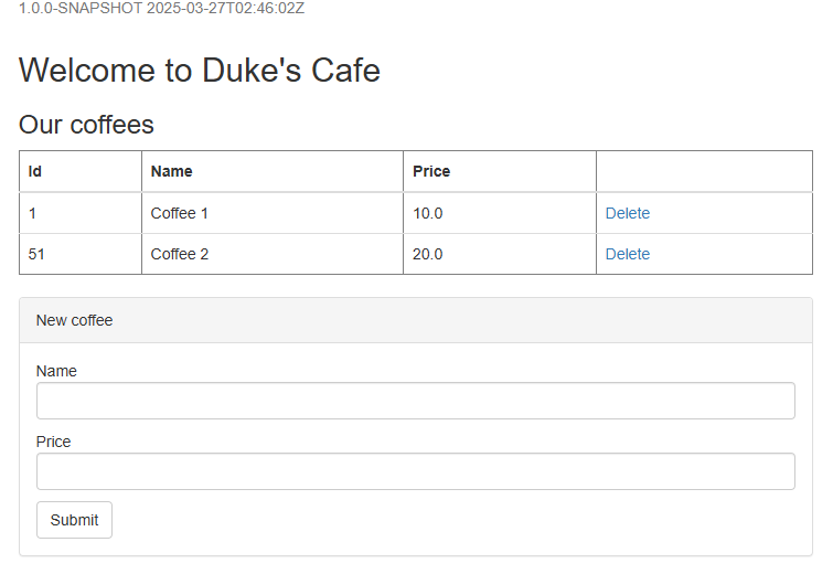 Captura de pantalla que muestra la aplicación Liberty de Java implementada correctamente en Azure Container Apps.