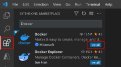 Captura de pantalla que muestra cómo agregar la extensión de Docker a VS Code.