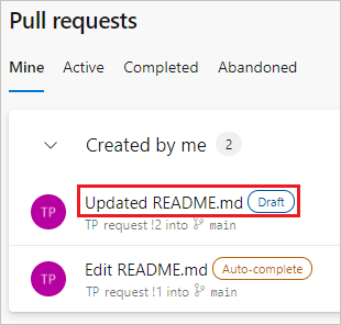 Captura de pantalla que muestra un borrador de P R en la lista de P R.