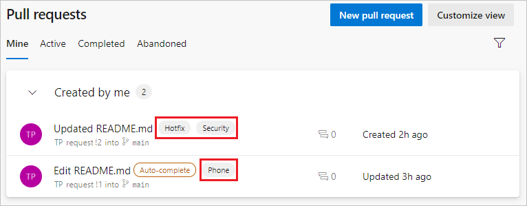 Captura de pantalla en la que se muestran las P R con etiquetas.