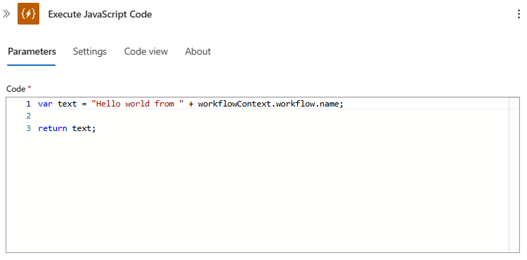 Captura de pantalla que muestra la acción Ejecutar código JavaScript con código de ejemplo predeterminado.